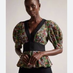 Ted Baker Puff-Sleeve V-Neck Peplum Top